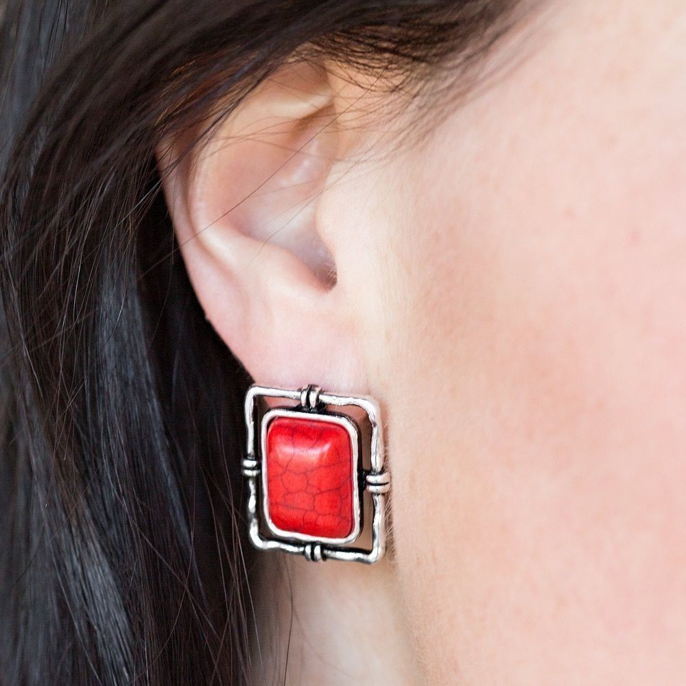 Silver square with red crackle stone center earrings